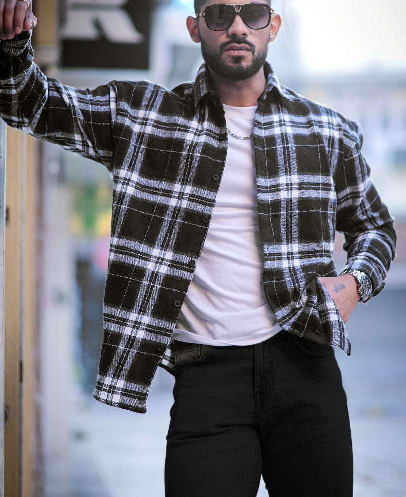 Black Plaid Checks Oversize Drop Shoulder Shirt D