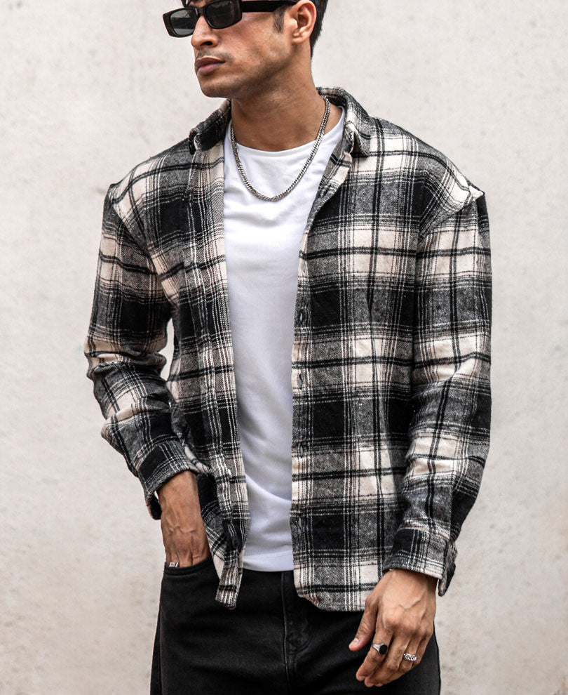 Cream And Black Checks Oversize Drop Shoulder Shirt