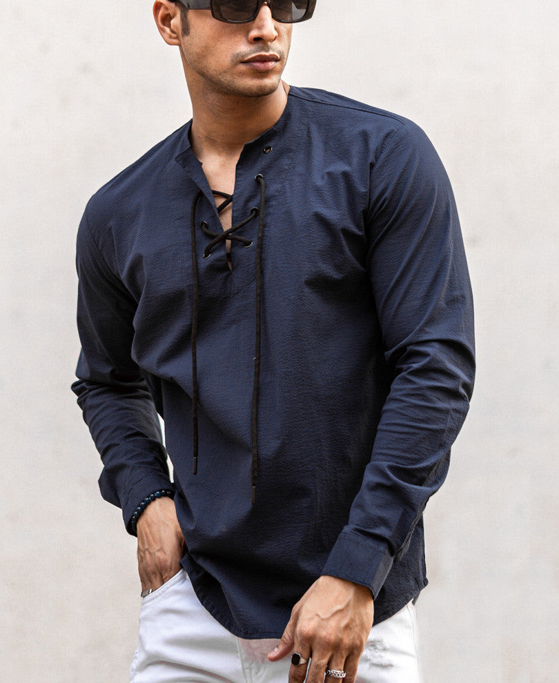 Navy Blue Plain Kurta Style Full Sleeves Shirt
