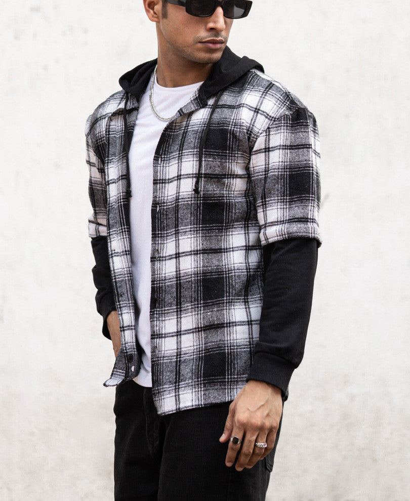 Black Check Hoodie Oversize Drop Shoulder Shirt