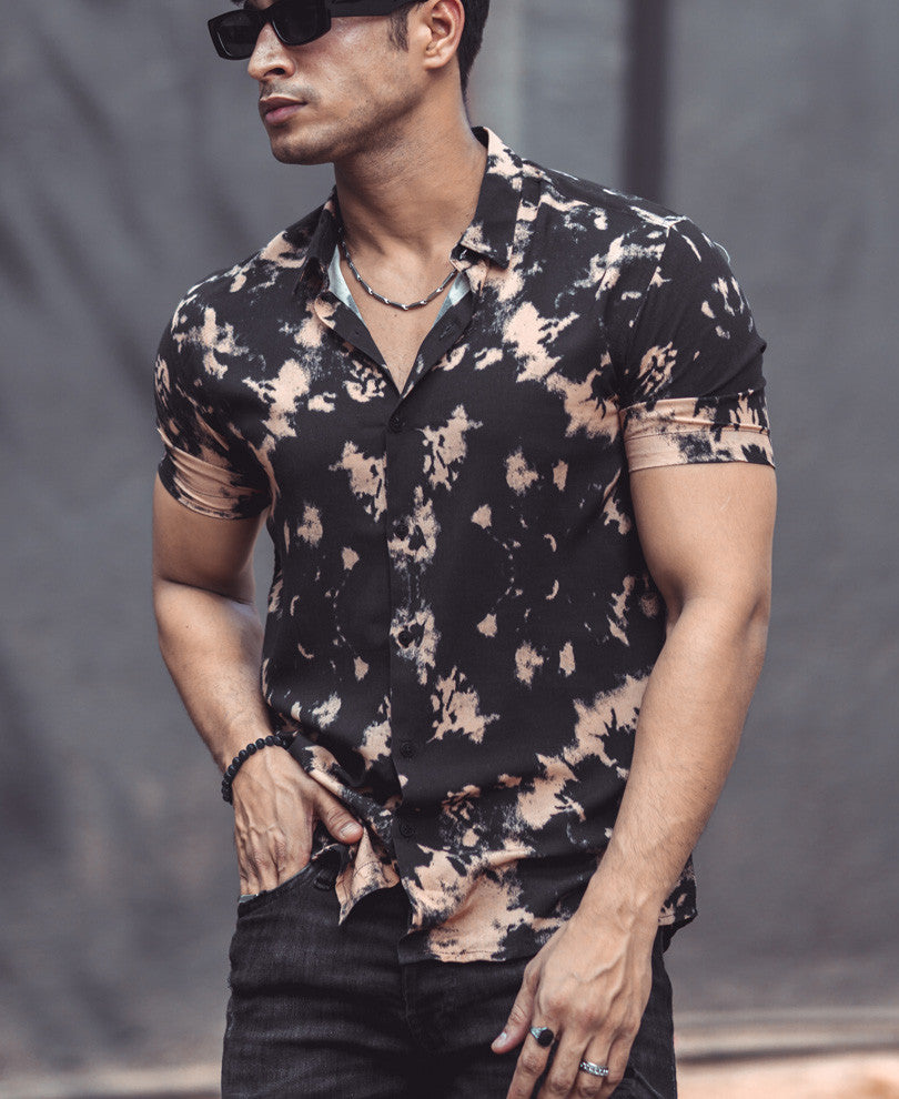 Black Tie-Dye Print Half Sleeves Shirt