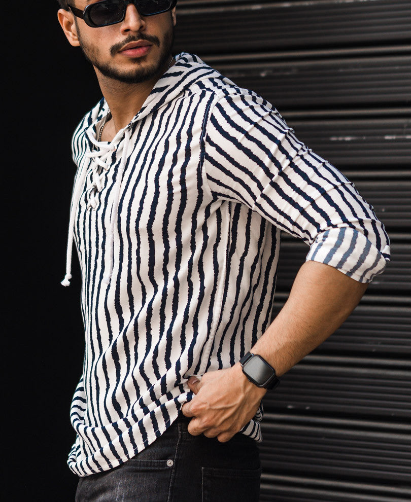 White Stripe Hooded Kurta Style Full Sleeves Shirt