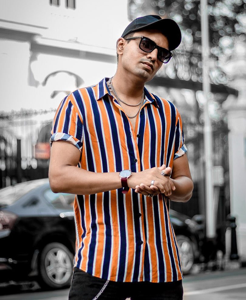 Mustard And Navy Blue Stripes Print Half Sleeves Shirt