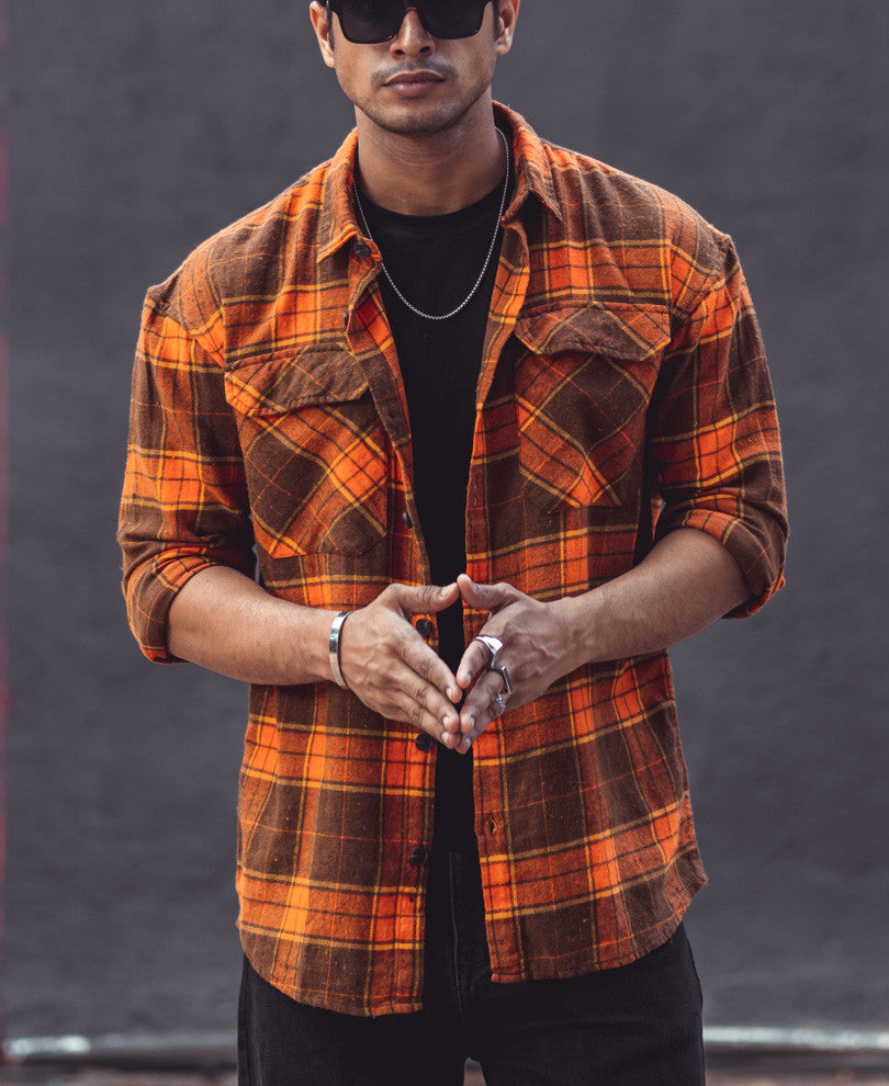 Orange Checks Pocket Oversize Drop Shoulder Shirt