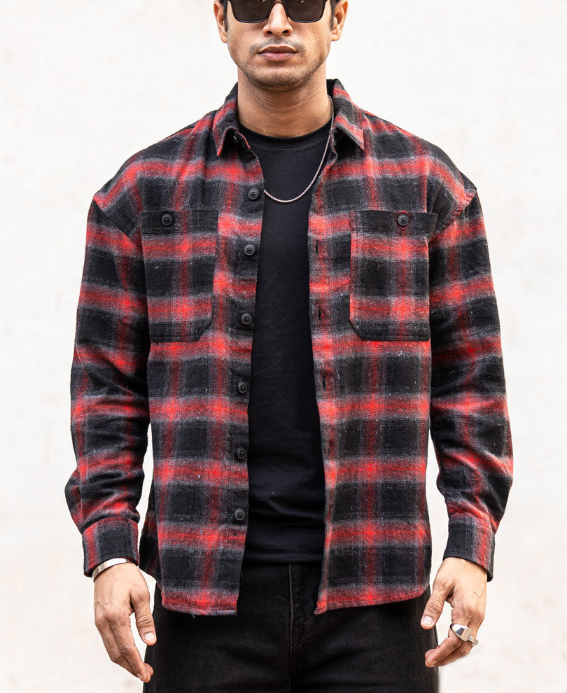 Red Pocket Checks Oversize Drop Shoulder Shirt