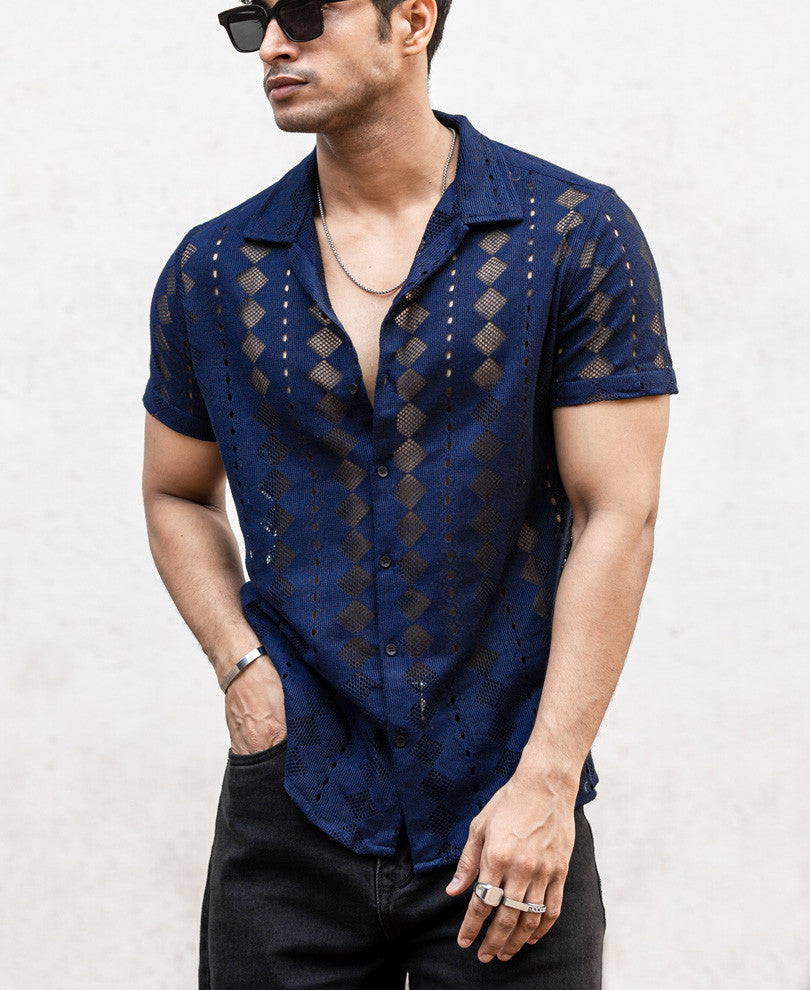 Navy Blue Sheer Pattern Half Sleeves Shirt