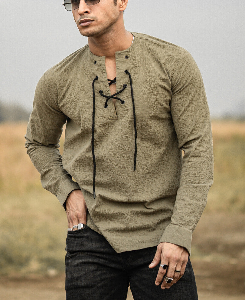 Olive Green Plain Kurta Style Full Sleeves Shirt