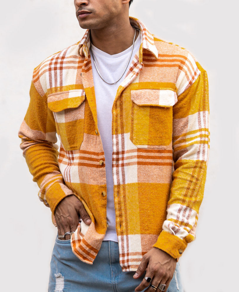 Mustard Pocket Checks Oversize Drop Shoulder Shirt