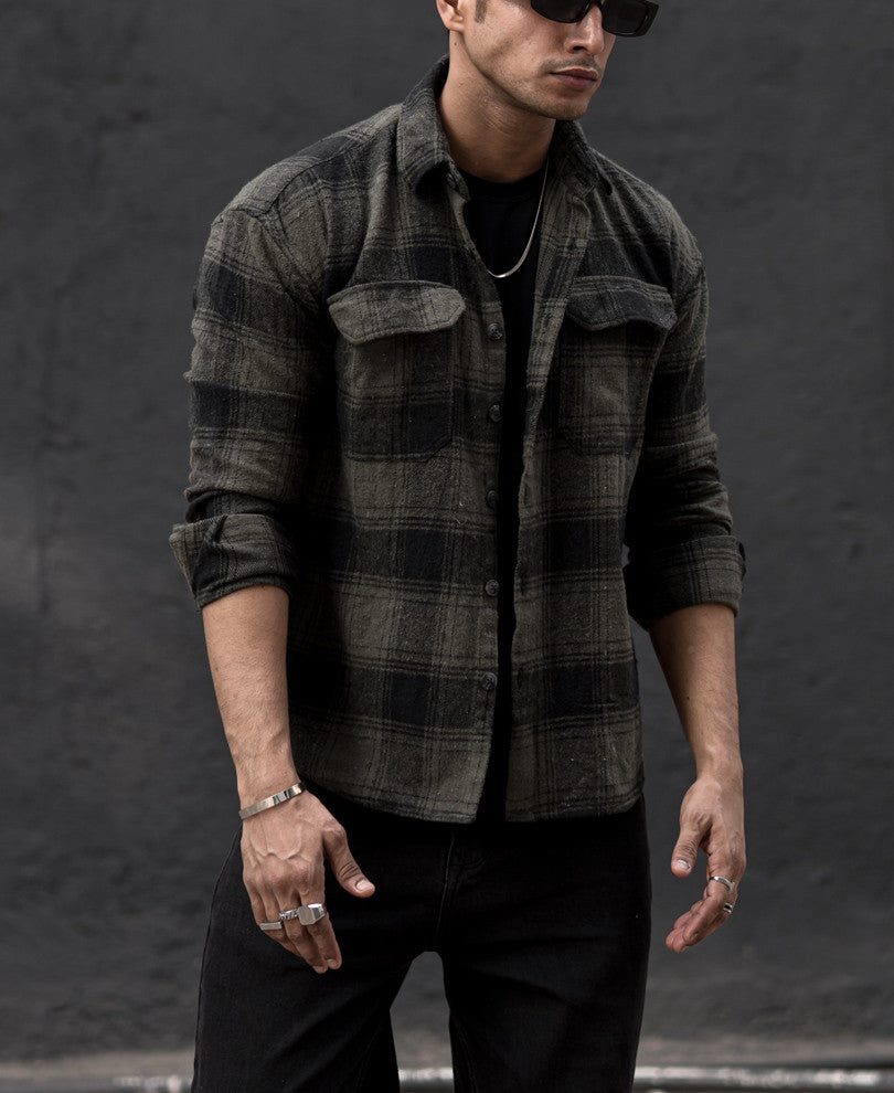 Olive Green Pocket Checked Oversize Drop Shoulder Shirt