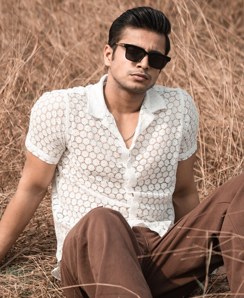 White Sheer Pattern Half Sleeves Shirt