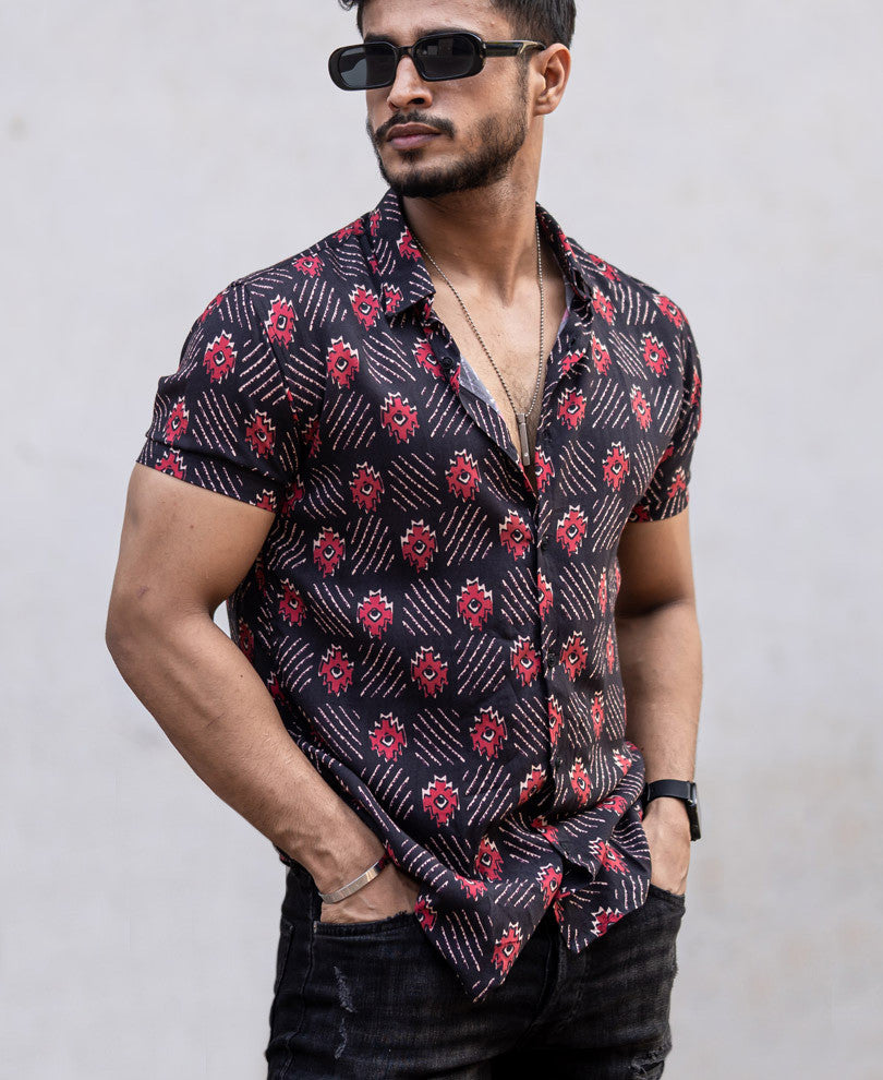 Black With Red Floral Print Half Sleeves Shirt