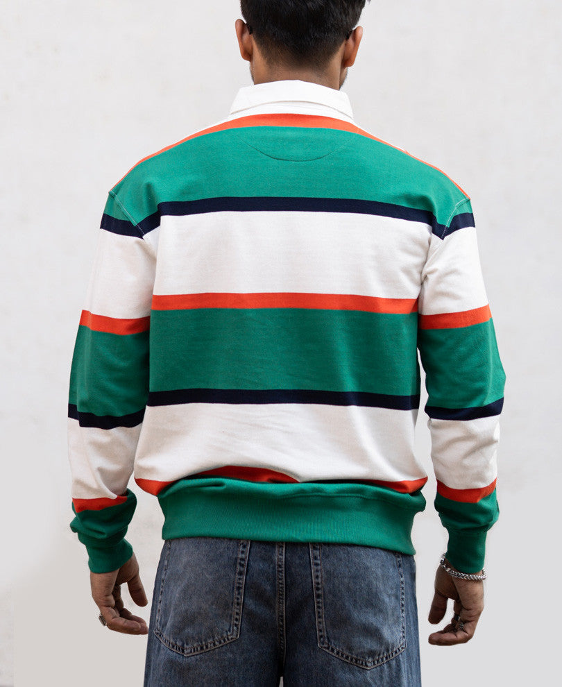 Green Striped Polo Collar Full Sleeves Sweatshirt