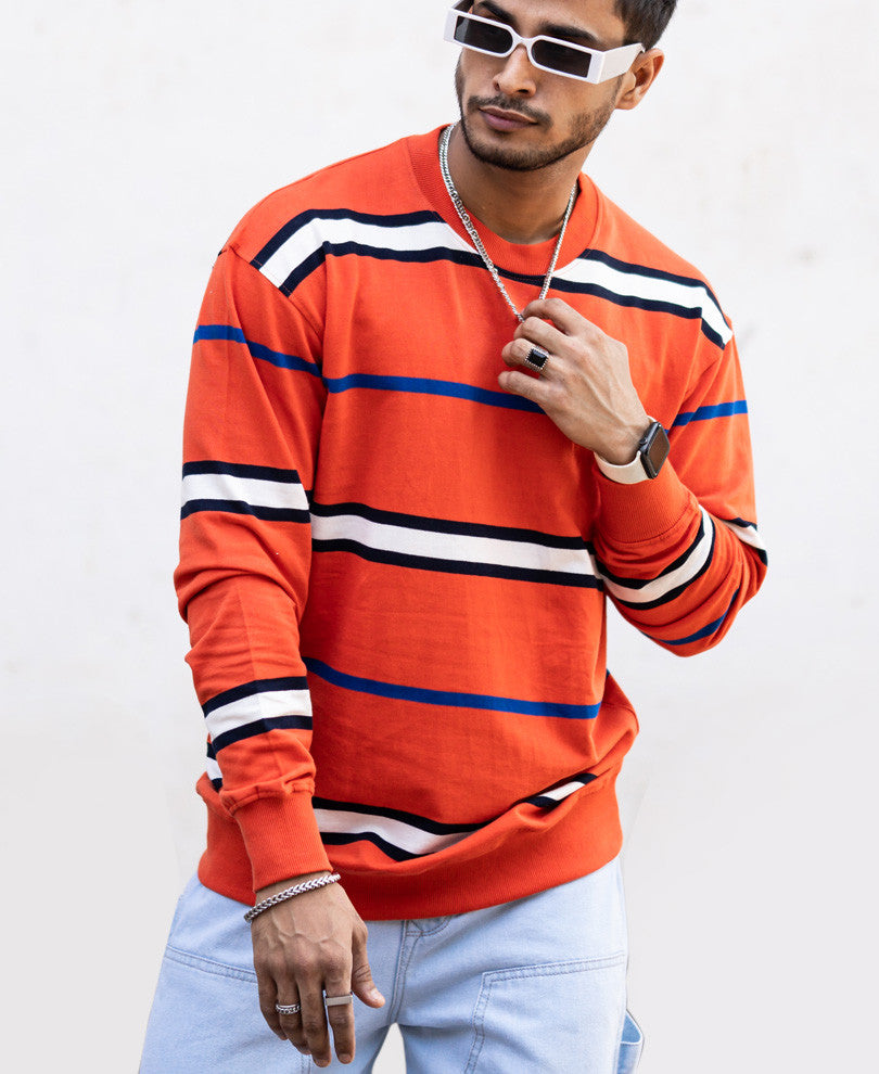 Orange Striped Full Sleeves Sweatshirt