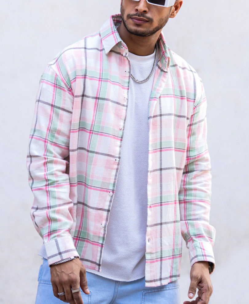 Light Pink Check Oversize Drop Shoulder Shirt