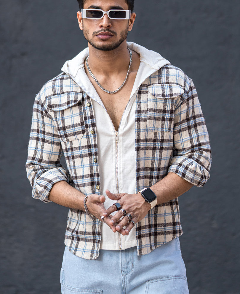 Cream Check Hoodie Zipper Oversize Drop Shoulder Shirt