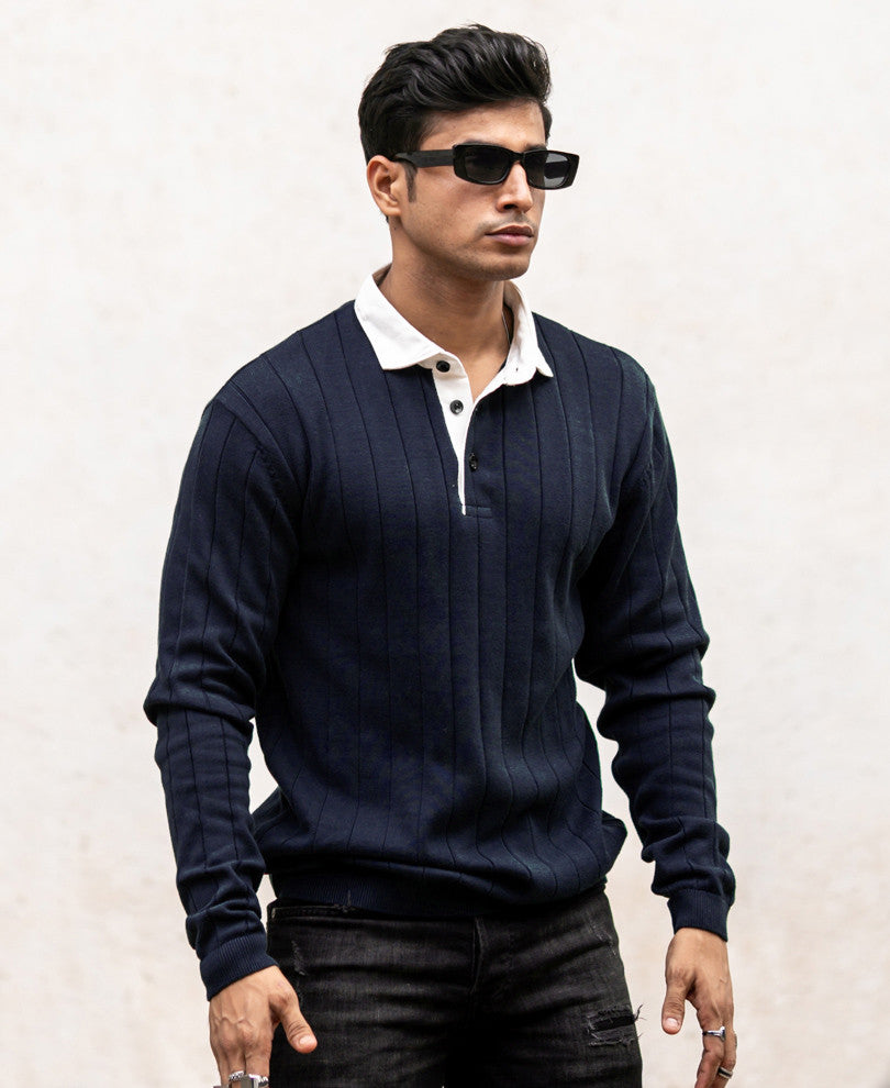Navy Blue Polo Collar Full Sleeves Sweatshirt