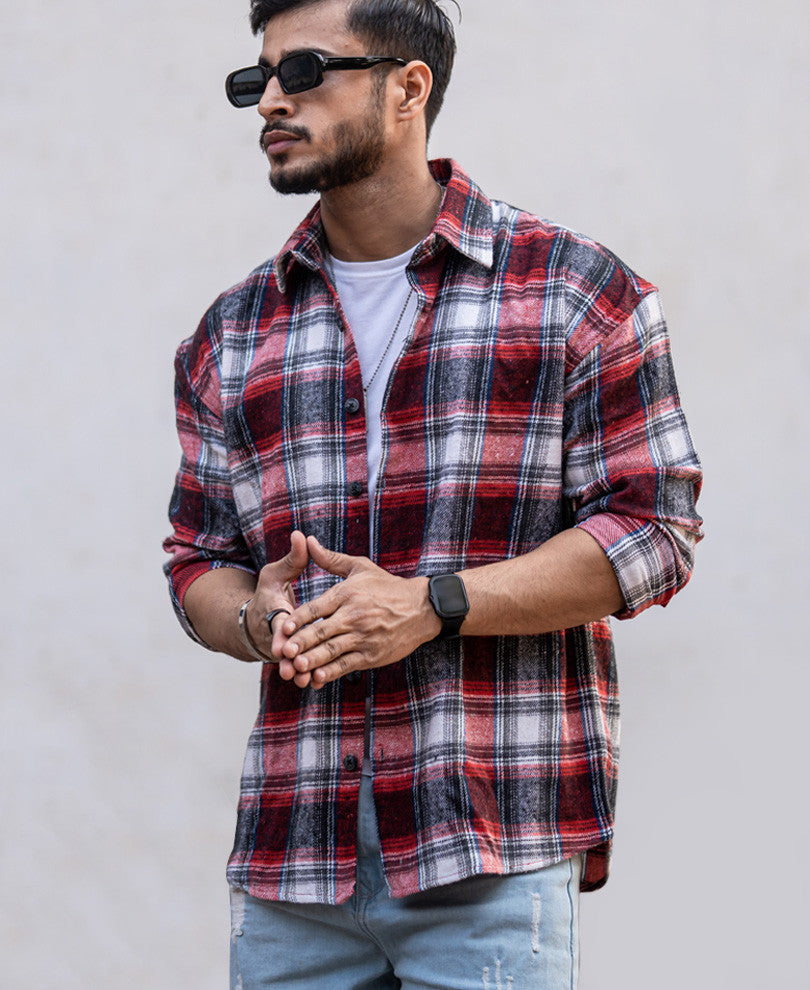 Red Plaid Checks Oversize Drop Shoulder Shirt