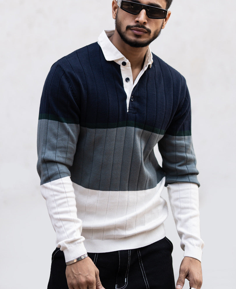 Navy Blue Panel Polo Collar Sweatshirt