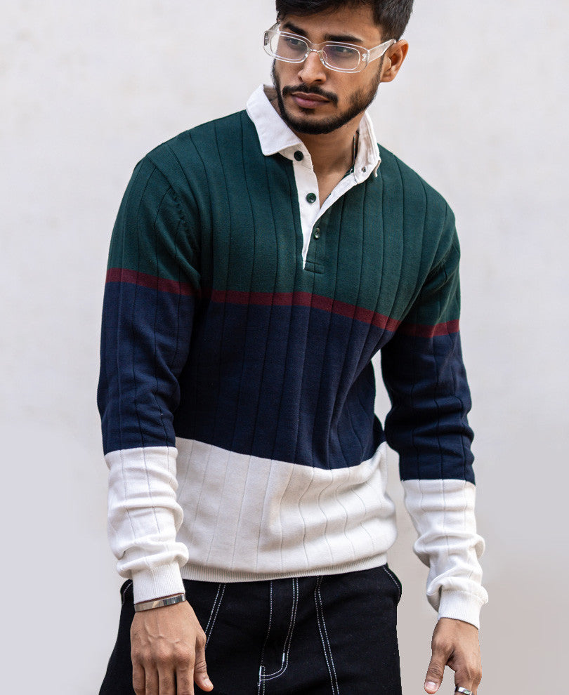 Olive Green Panel Polo Collar Sweatshirt