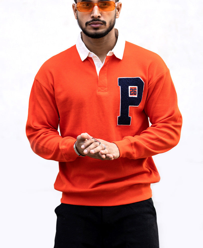 Orange Polo Collar Oversize Drop Shoulder Sweatshirt