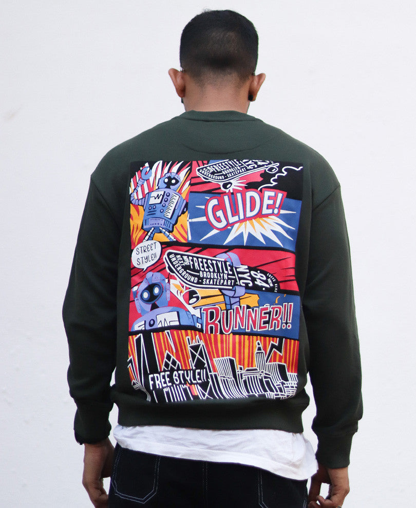 Olive Comic Back Print Oversize Drop Shoulder Sweatshirt