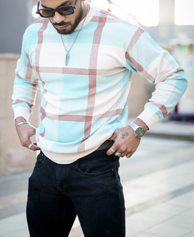 Sky Blue Checks Oversize Drop Shoulder T Shirt