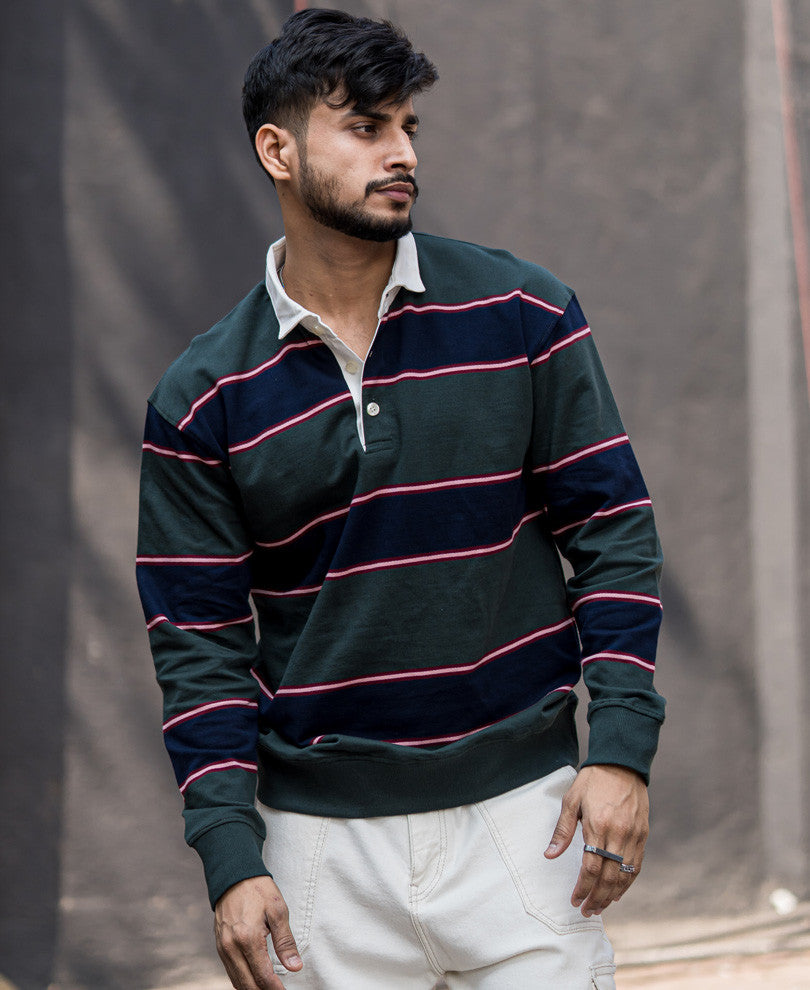 Olive Green Striped Oversize Drop Shoulder T Shirt