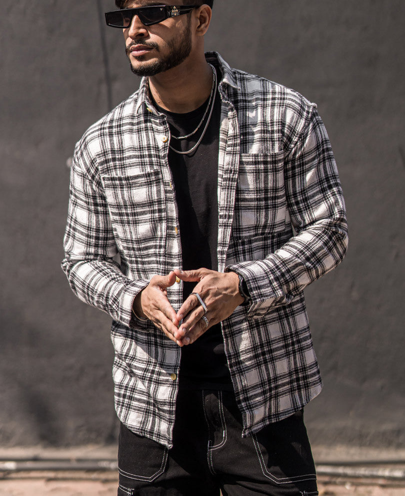 White Plaid Checks Oversize Drop Shoulder Shirt