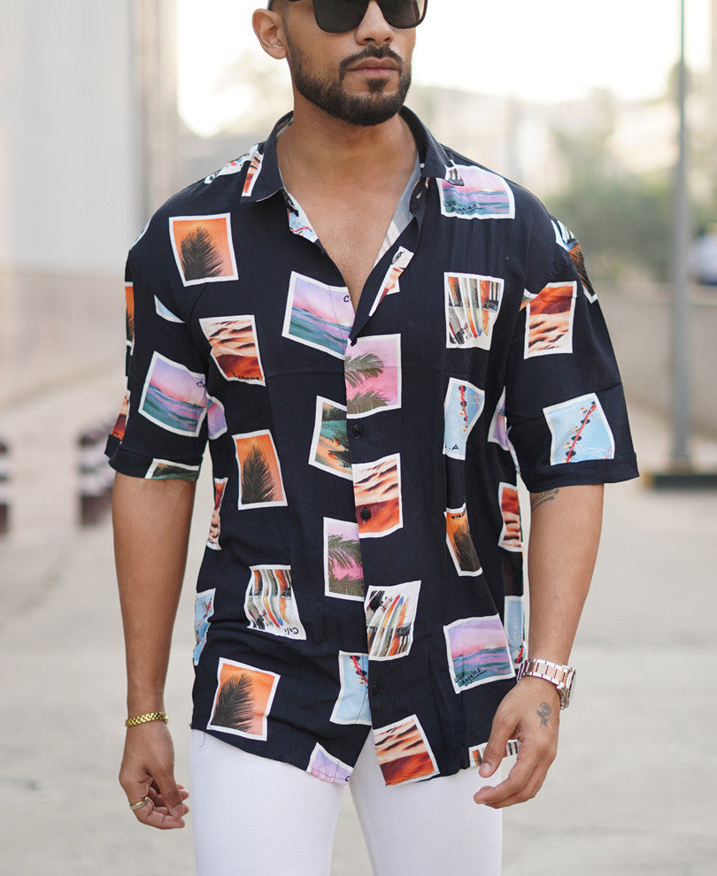 Black Beach Print Oversize Drop Shoulder Shirt
