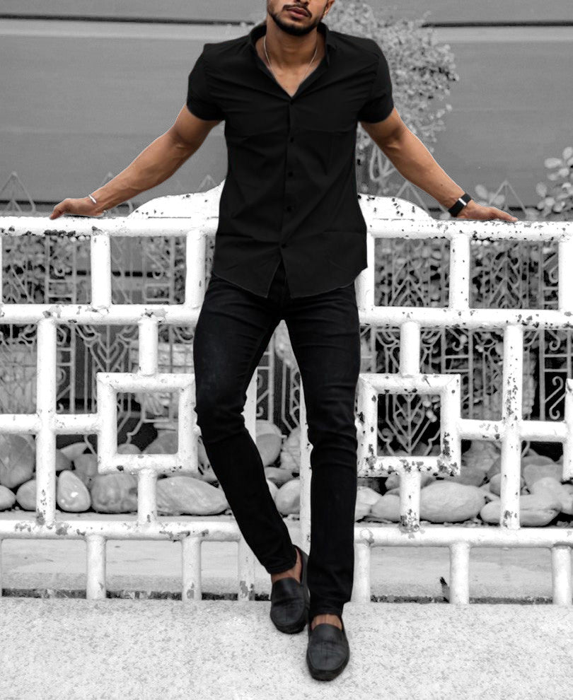 Black Plain Stretchable Causal Half Sleeves Shirt