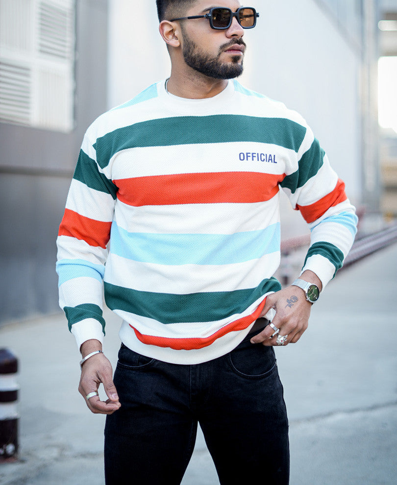 White Official Stripe Print Oversize Drop Shoulder T Shirt