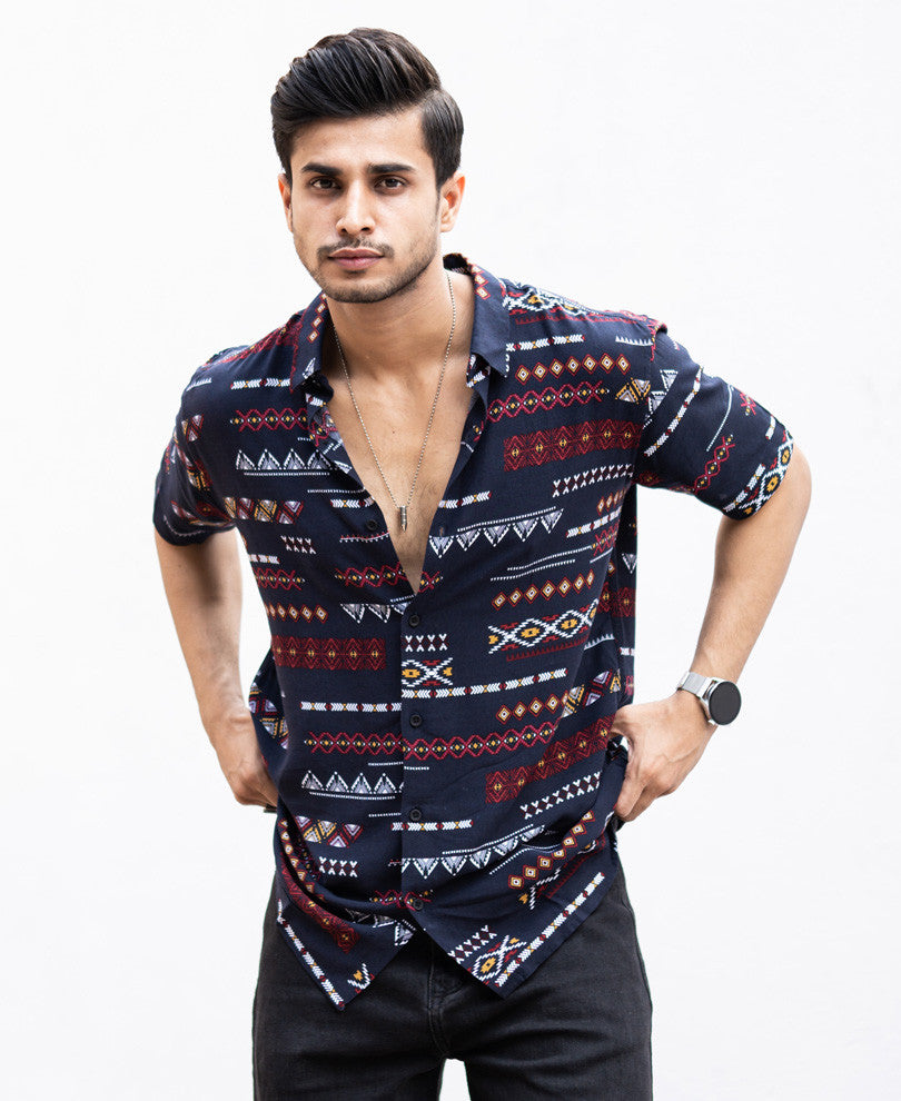 Blue Mix Print Half Sleeves Shirt