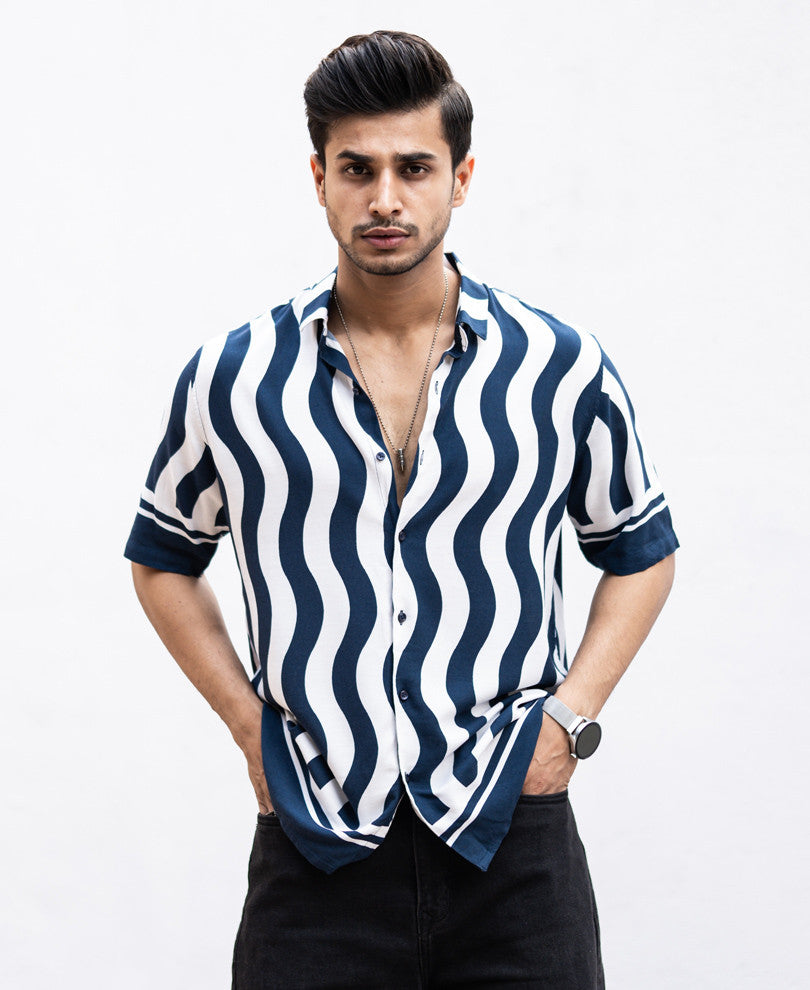 Navy Blue Wavy Stripes Half Sleeves Shirt