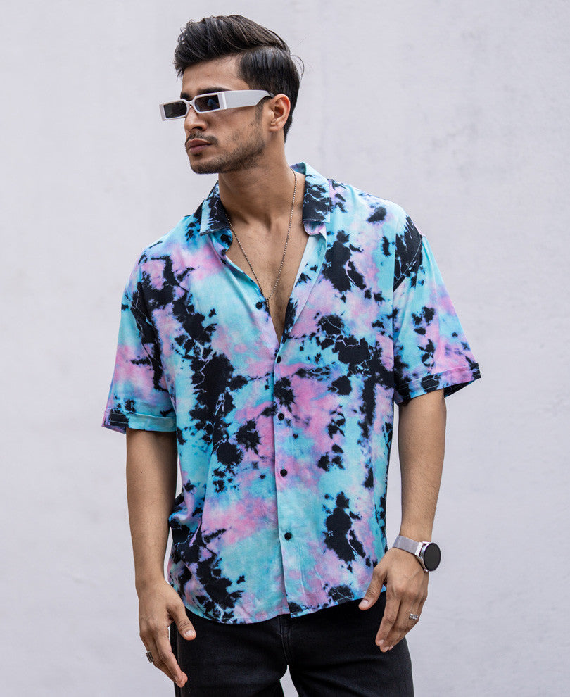 Cyan Tie Dye Print Oversize Drop shoulder Shirt
