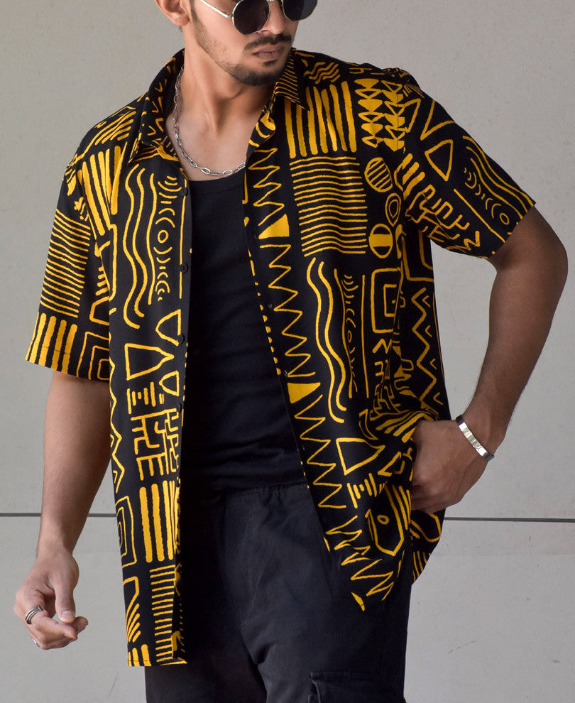 Mustard Geometric Print Half Sleeves Shirt