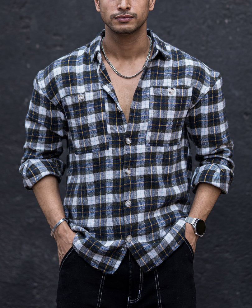 Green Pocket Checks Oversize Drop Shoulder Shirt