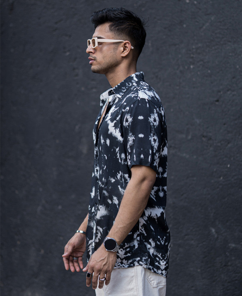 Black And White Tie-Dye Print Half Sleeves Shirt