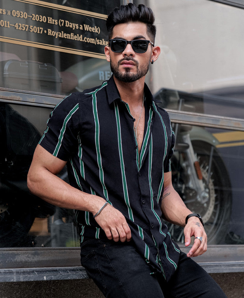 Black And Olive Green Vertical Stripe Half Sleeves Shirt