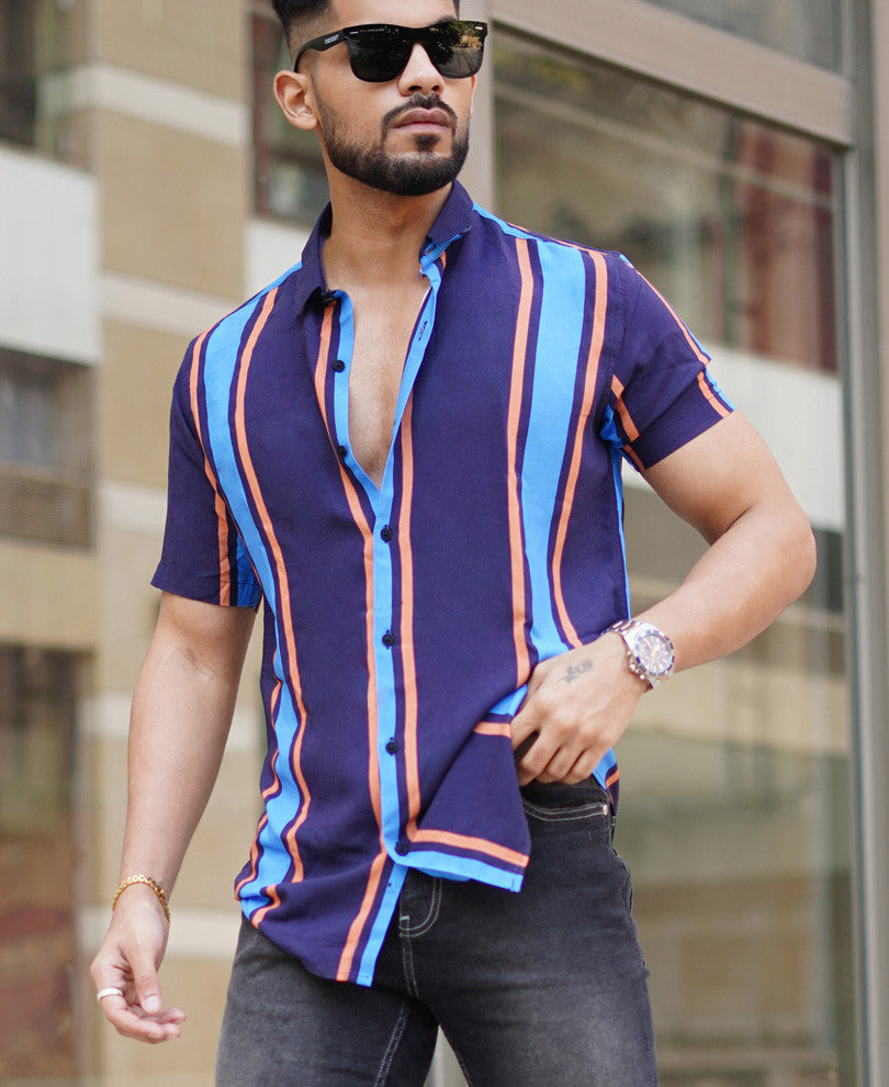 Navy Blue Vertical Stripe Half Sleeves Shirt