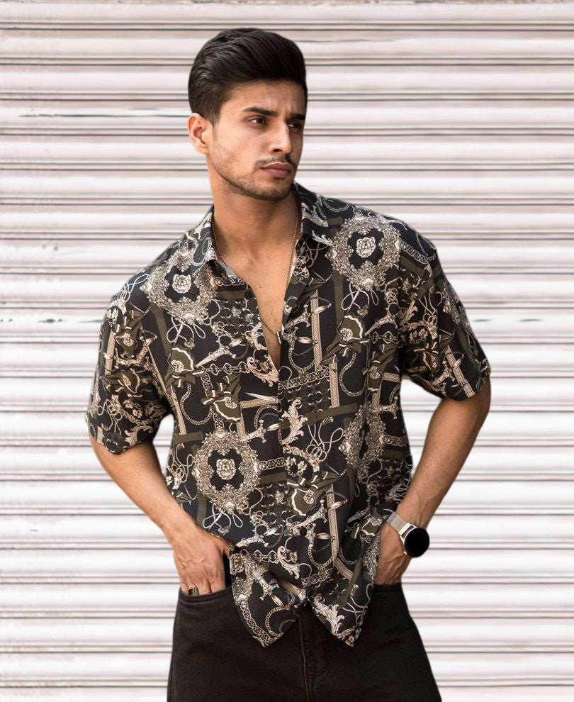 Olive Green Vintage Print Half Sleeves Shirt