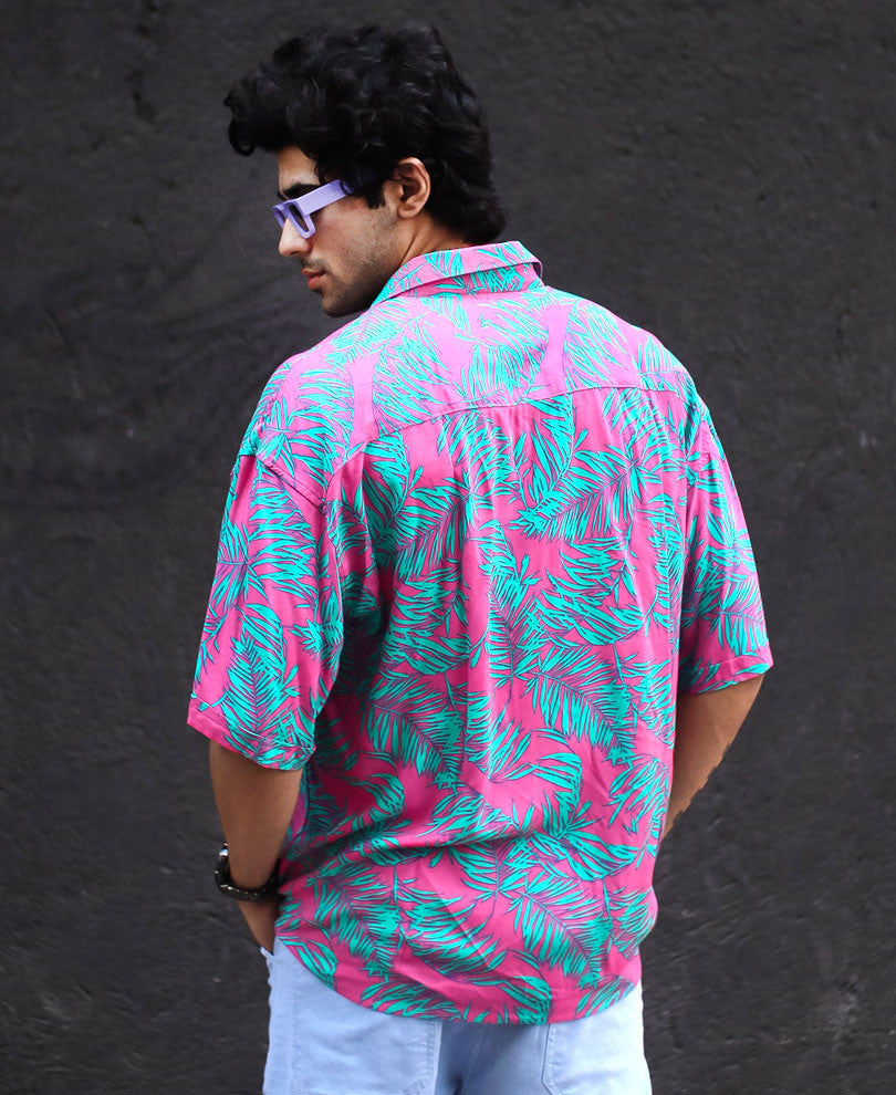 Pink And Green Leaves Print Oversize Drop Shoulder Shirt