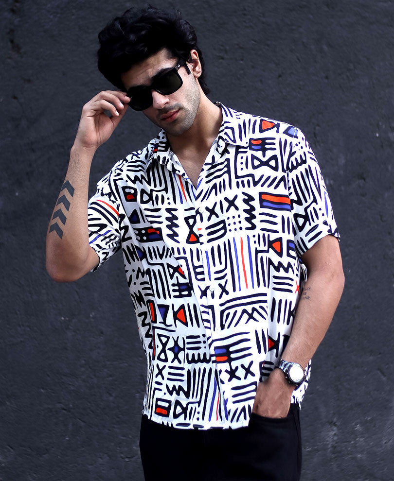 White Geometric Print Half Sleeves Shirt