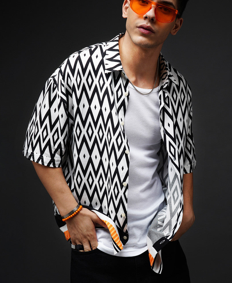 White Geo Print Oversize Drop Shoulder Shirt