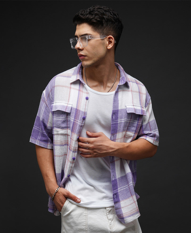 Purple Pocket Check Oversize Drop Shoulder Shirt