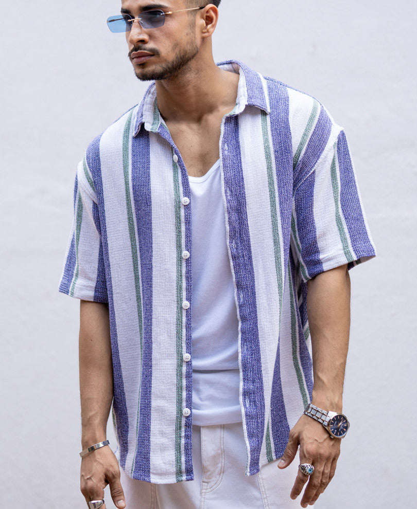 Purple Vertical Stripes Structured Oversize Drop Shoulder Shirt