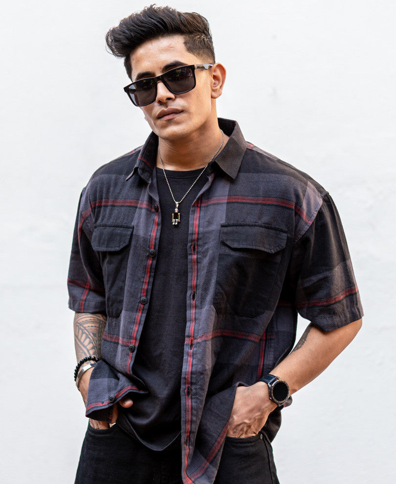 Dark Grey Checks Oversized Shirt