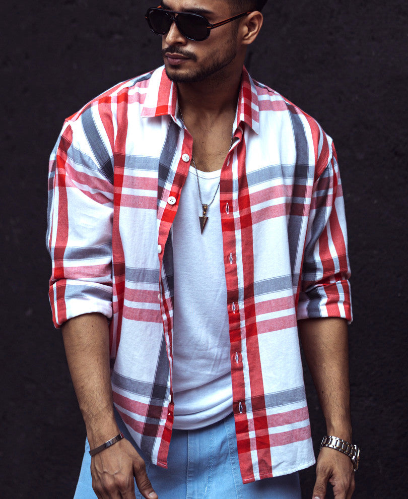 White And Red Checks Oversize Drop Shoulder Shirt