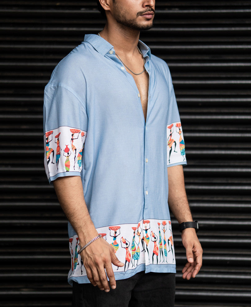 Light Blue Warli Print Oversize Drop Shoulder Shirt