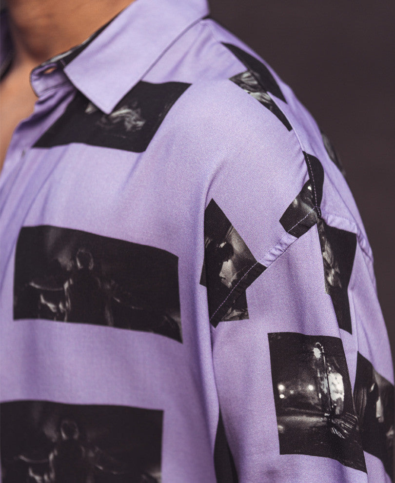 Purple Exorcism Print Oversize Drop Shoulder Shirt