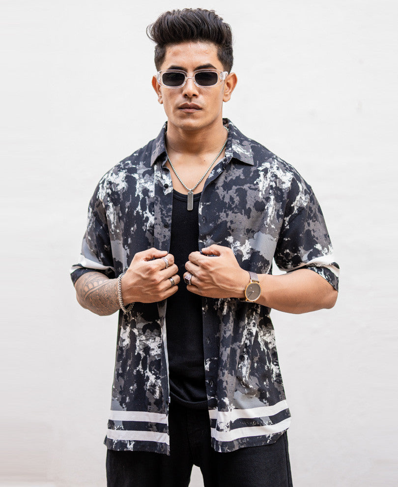 Black Tie Dye Print Oversize Drop Shoulder Shirt